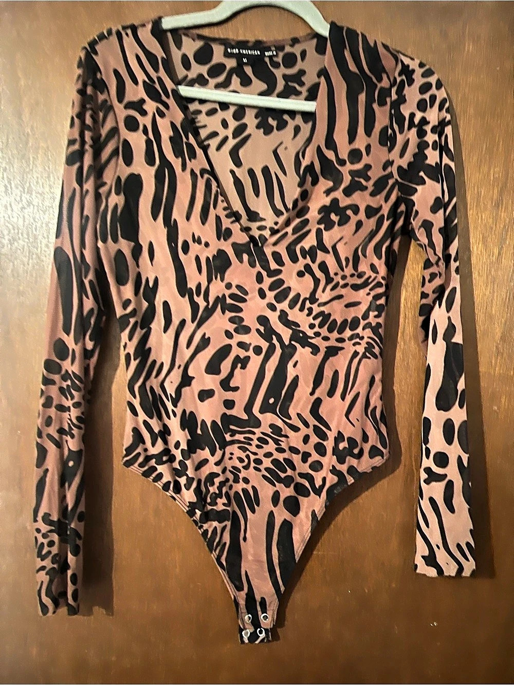Good American Animal-Print Bodysuit in Mesh Pink & Black Medium